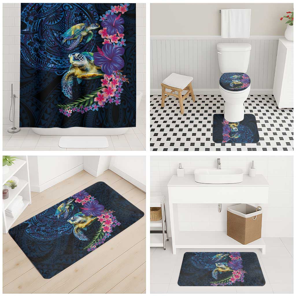 Hawaiian Plumeria and Hibiscus with Turtles Bathroom Set Polynesian Art Dark Cyan Color - Polynesian Pride