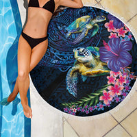 Hawaiian Plumeria and Hibiscus with Turtles Beach Blanket Polynesian Art Dark Cyan Color - Polynesian Pride