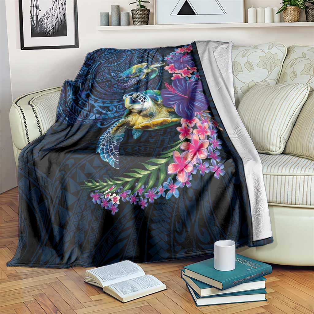 Hawaiian Plumeria and Hibiscus with Turtles Blanket Polynesian Art Dark Cyan Color - Polynesian Pride
