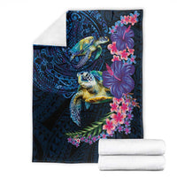 Hawaiian Plumeria and Hibiscus with Turtles Blanket Polynesian Art Dark Cyan Color - Polynesian Pride