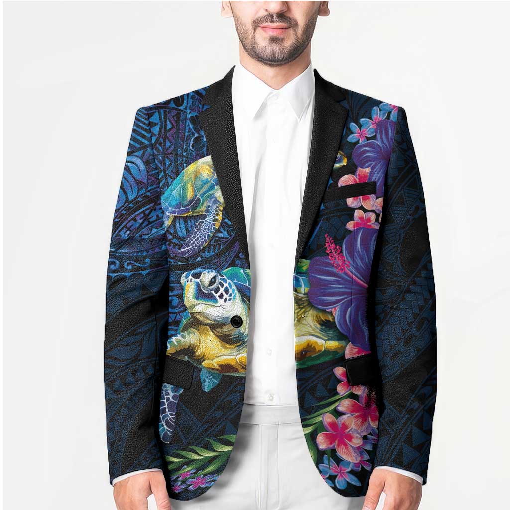 Hawaiian Plumeria and Hibiscus with Turtles Blazer Polynesian Art Dark Cyan Color - Polynesian Pride