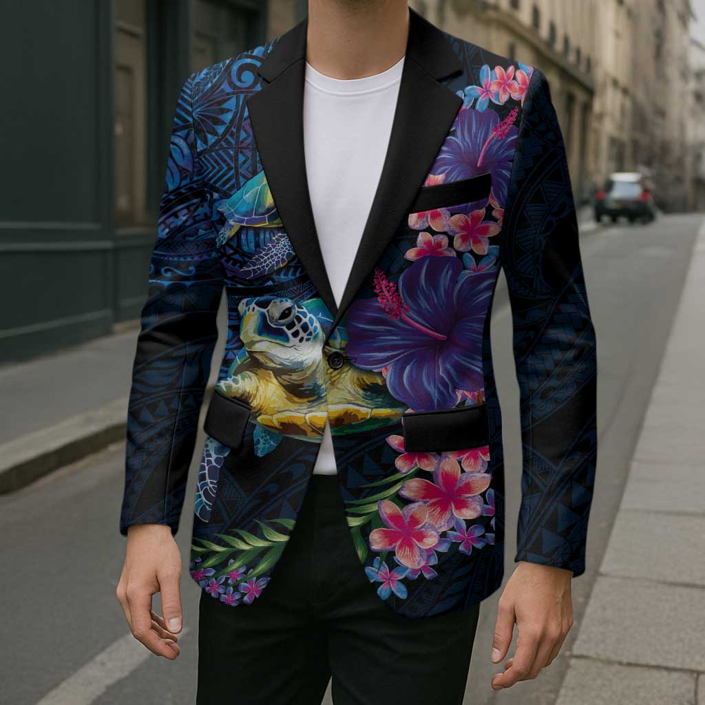 Hawaiian Plumeria and Hibiscus with Turtles Blazer Polynesian Art Dark Cyan Color - Polynesian Pride