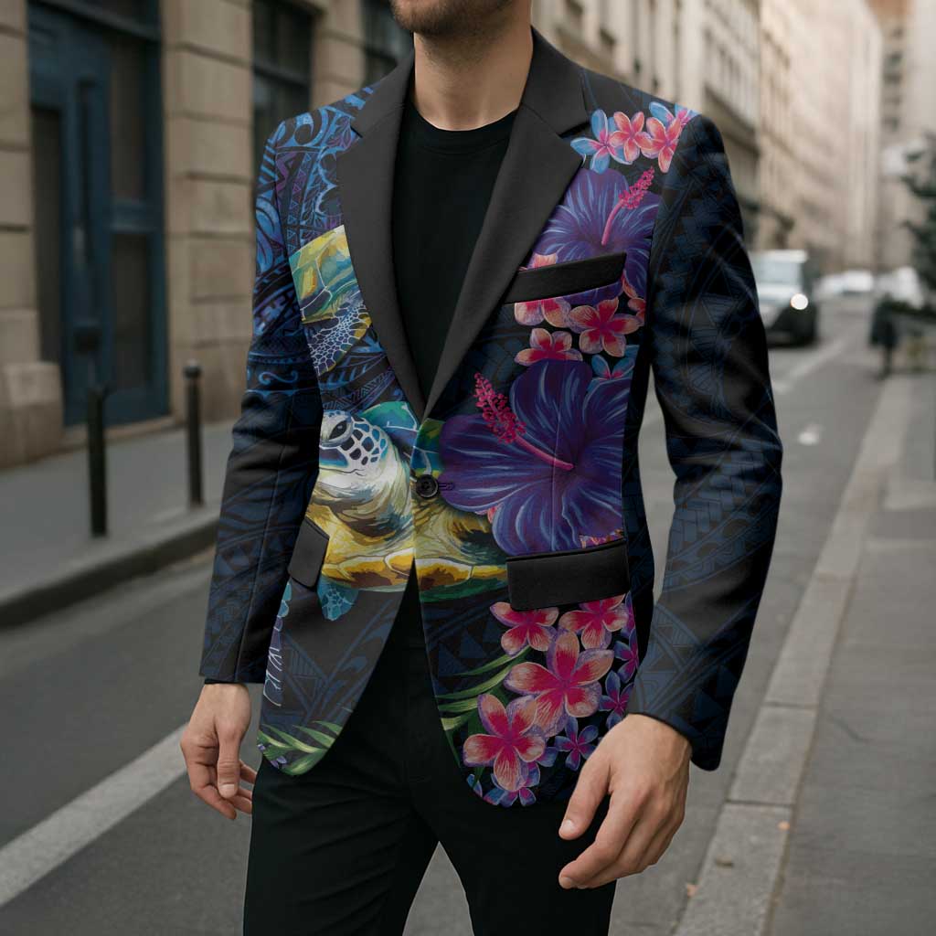 Hawaiian Plumeria and Hibiscus with Turtles Blazer Polynesian Art Dark Cyan Color - Polynesian Pride