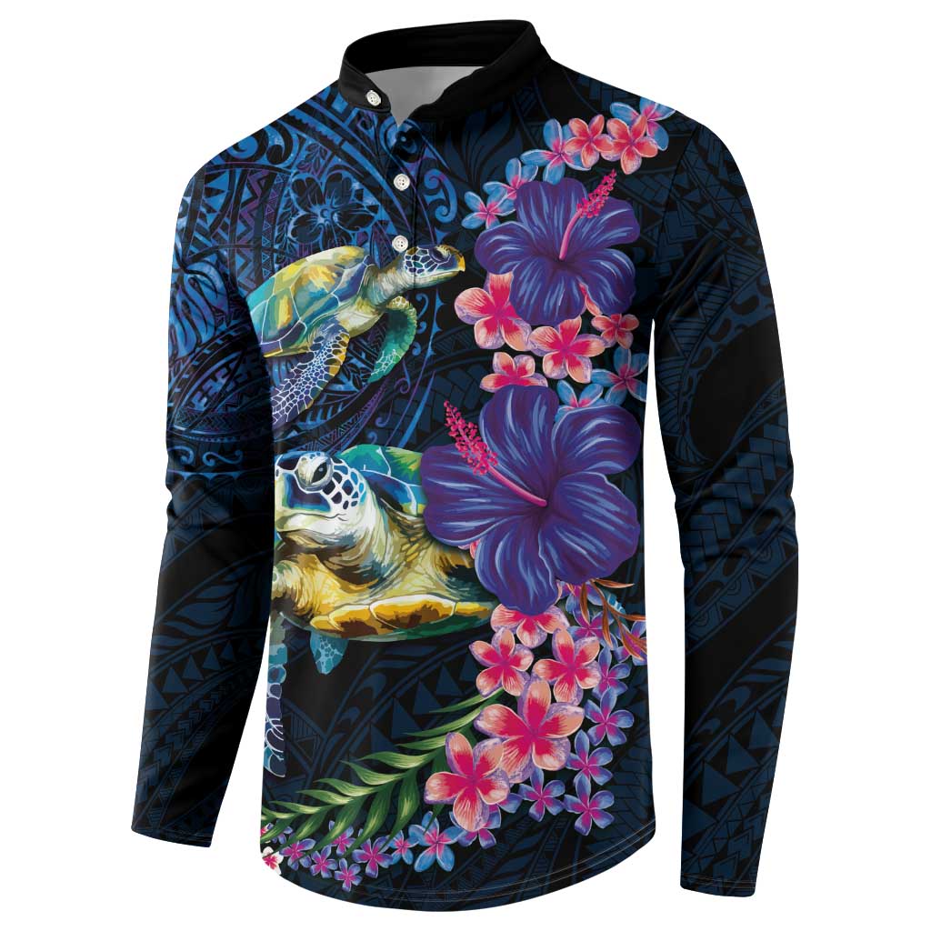 Hawaiian Plumeria and Hibiscus with Turtles Button Sweatshirt Polynesian Art Dark Cyan Color - Polynesian Pride