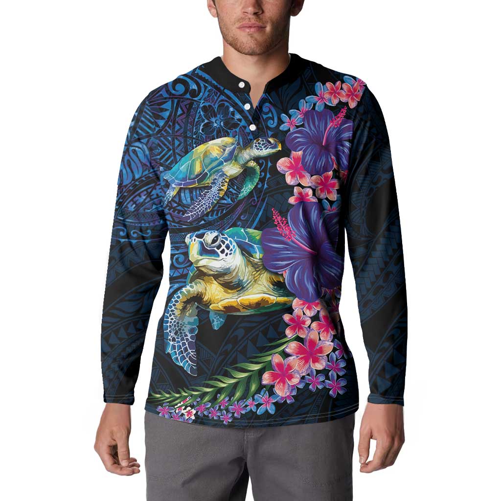 Hawaiian Plumeria and Hibiscus with Turtles Button Sweatshirt Polynesian Art Dark Cyan Color - Polynesian Pride