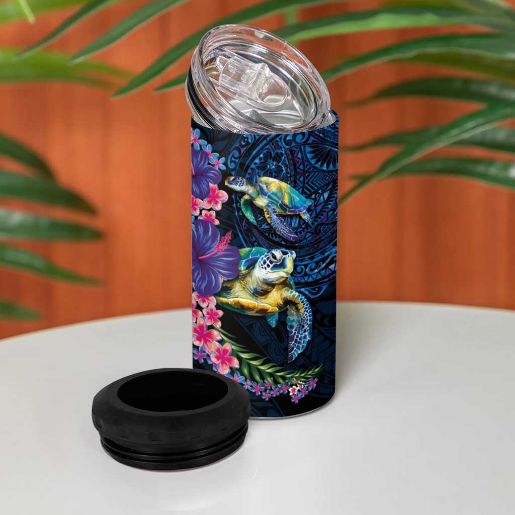Hawaiian Plumeria and Hibiscus with Turtles 4 in 1 Can Cooler Tumbler Polynesian Art Dark Cyan Color - Polynesian Pride