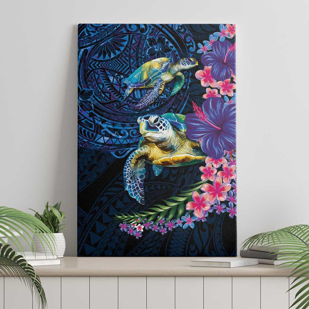 Hawaiian Plumeria and Hibiscus with Turtles Canvas Wall Art Polynesian Art Dark Cyan Color - Polynesian Pride