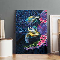 Hawaiian Plumeria and Hibiscus with Turtles Canvas Wall Art Polynesian Art Dark Cyan Color - Polynesian Pride