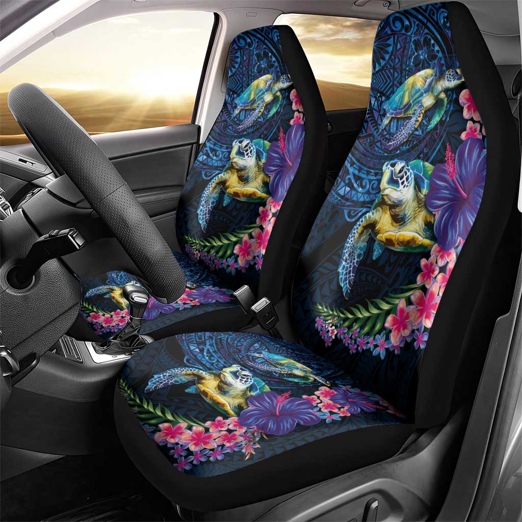 Hawaiian Plumeria and Hibiscus with Turtles Car Seat Cover Polynesian Art Dark Cyan Color - Polynesian Pride