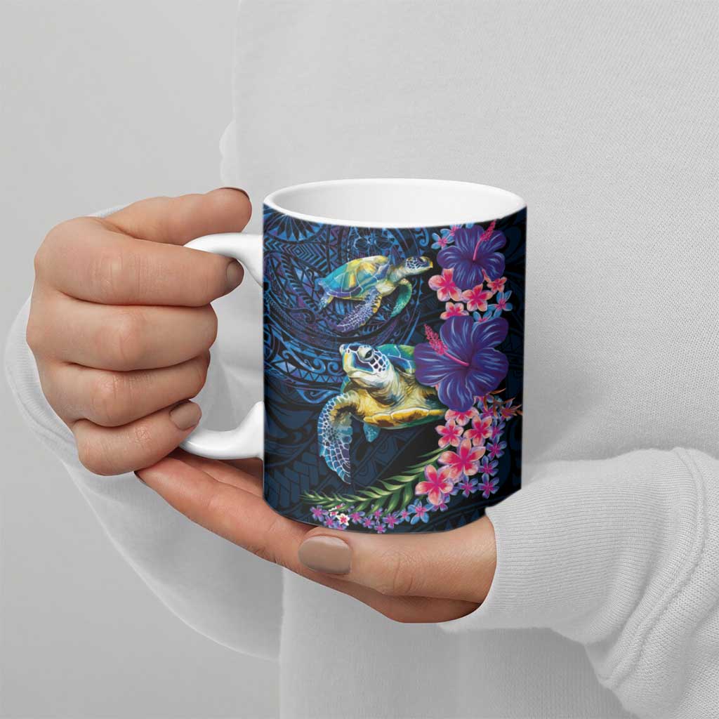 Hawaiian Plumeria and Hibiscus with Turtles Ceramic Mug Polynesian Art Dark Cyan Color - Polynesian Pride