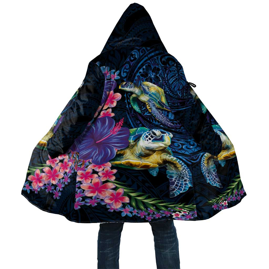 Hawaiian Plumeria and Hibiscus with Turtles Cloak Polynesian Art Dark Cyan Color - Polynesian Pride