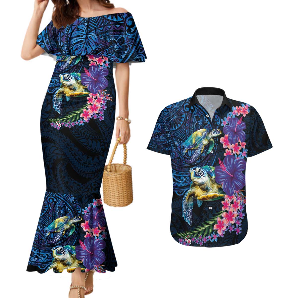 Hawaiian Plumeria and Hibiscus with Turtles Couples Matching Mermaid Dress and Hawaiian Shirt Polynesian Art Dark Cyan Color LT03 Dark Cyan - Polynesian Pride