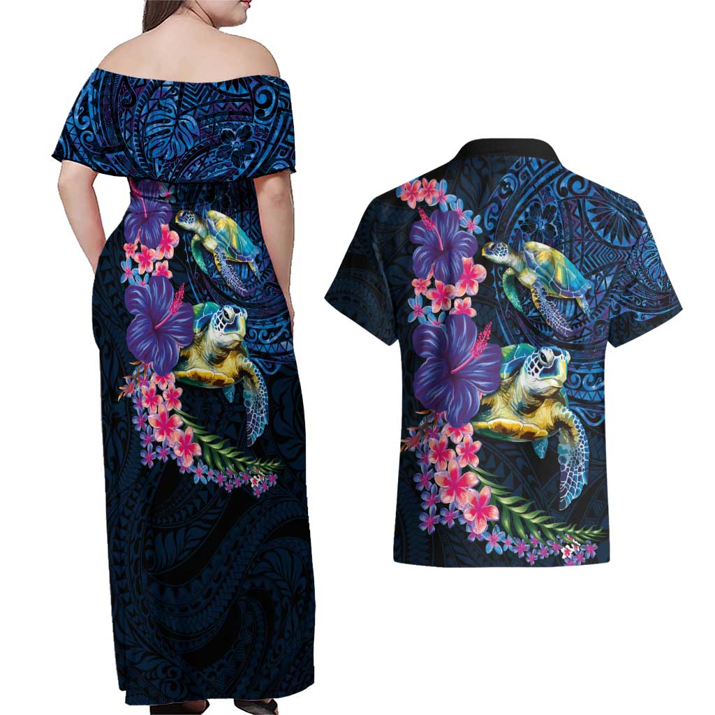 Hawaiian Plumeria and Hibiscus with Turtles Couples Matching Off Shoulder Maxi Dress and Hawaiian Shirt Polynesian Art Dark Cyan Color LT03 - Polynesian Pride