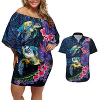 Hawaiian Plumeria and Hibiscus with Turtles Couples Matching Off Shoulder Short Dress and Hawaiian Shirt Polynesian Art Dark Cyan Color LT03 Dark Cyan - Polynesian Pride