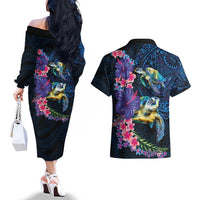 Hawaiian Plumeria and Hibiscus with Turtles Couples Matching Off The Shoulder Long Sleeve Dress and Hawaiian Shirt Polynesian Art Dark Cyan Color LT03 - Polynesian Pride
