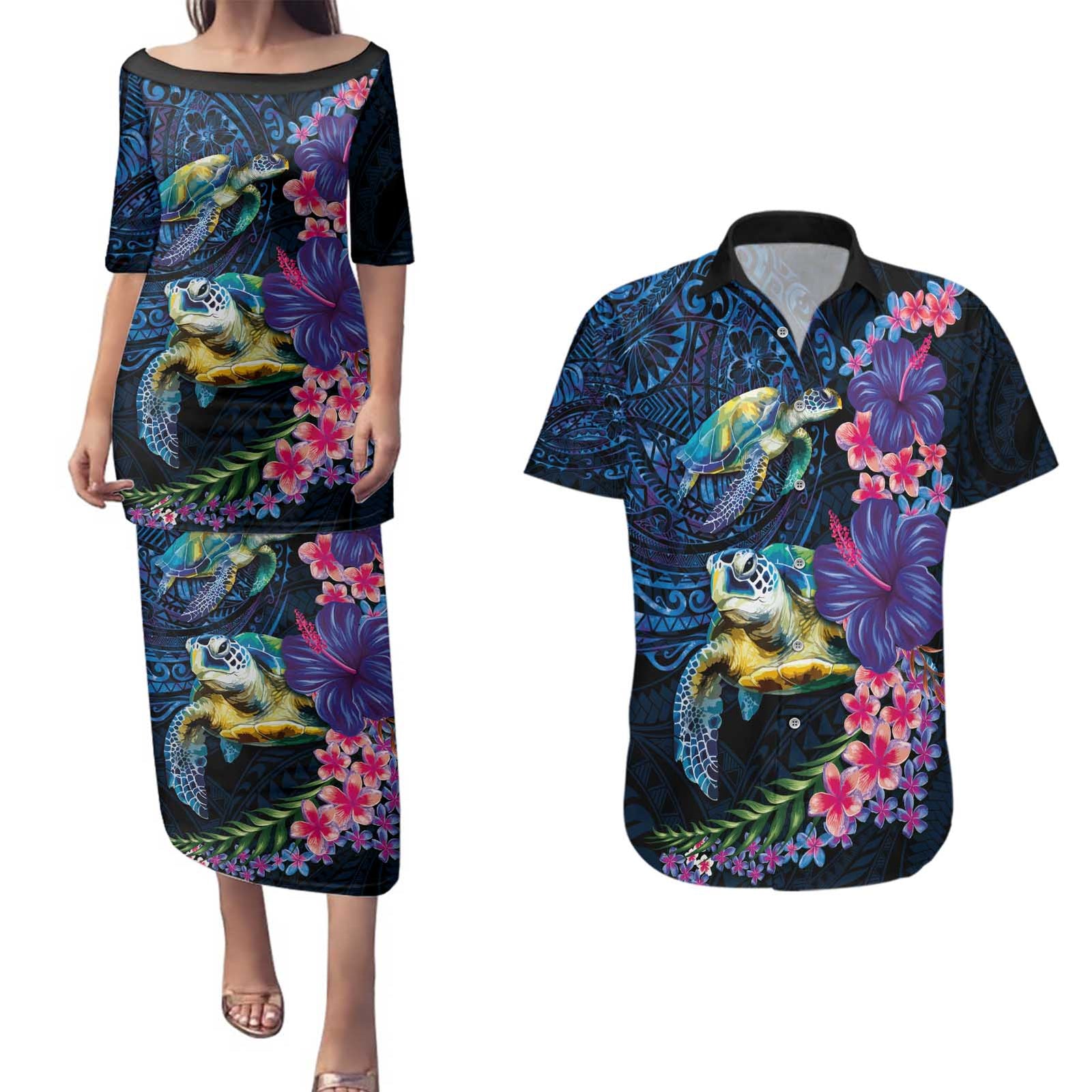 Hawaiian Plumeria and Hibiscus with Turtles Couples Matching Puletasi and Hawaiian Shirt Polynesian Art Dark Cyan Color - Polynesian Pride