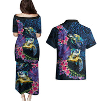 Hawaiian Plumeria and Hibiscus with Turtles Couples Matching Puletasi and Hawaiian Shirt Polynesian Art Dark Cyan Color LT03 - Polynesian Pride