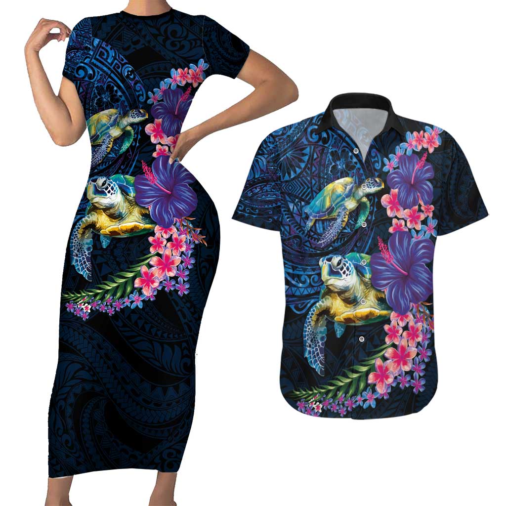 Hawaiian Plumeria and Hibiscus with Turtles Couples Matching Short Sleeve Bodycon Dress and Hawaiian Shirt Polynesian Art Dark Cyan Color LT03 Dark Cyan - Polynesian Pride