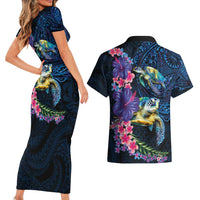 Hawaiian Plumeria and Hibiscus with Turtles Couples Matching Short Sleeve Bodycon Dress and Hawaiian Shirt Polynesian Art Dark Cyan Color LT03 - Polynesian Pride