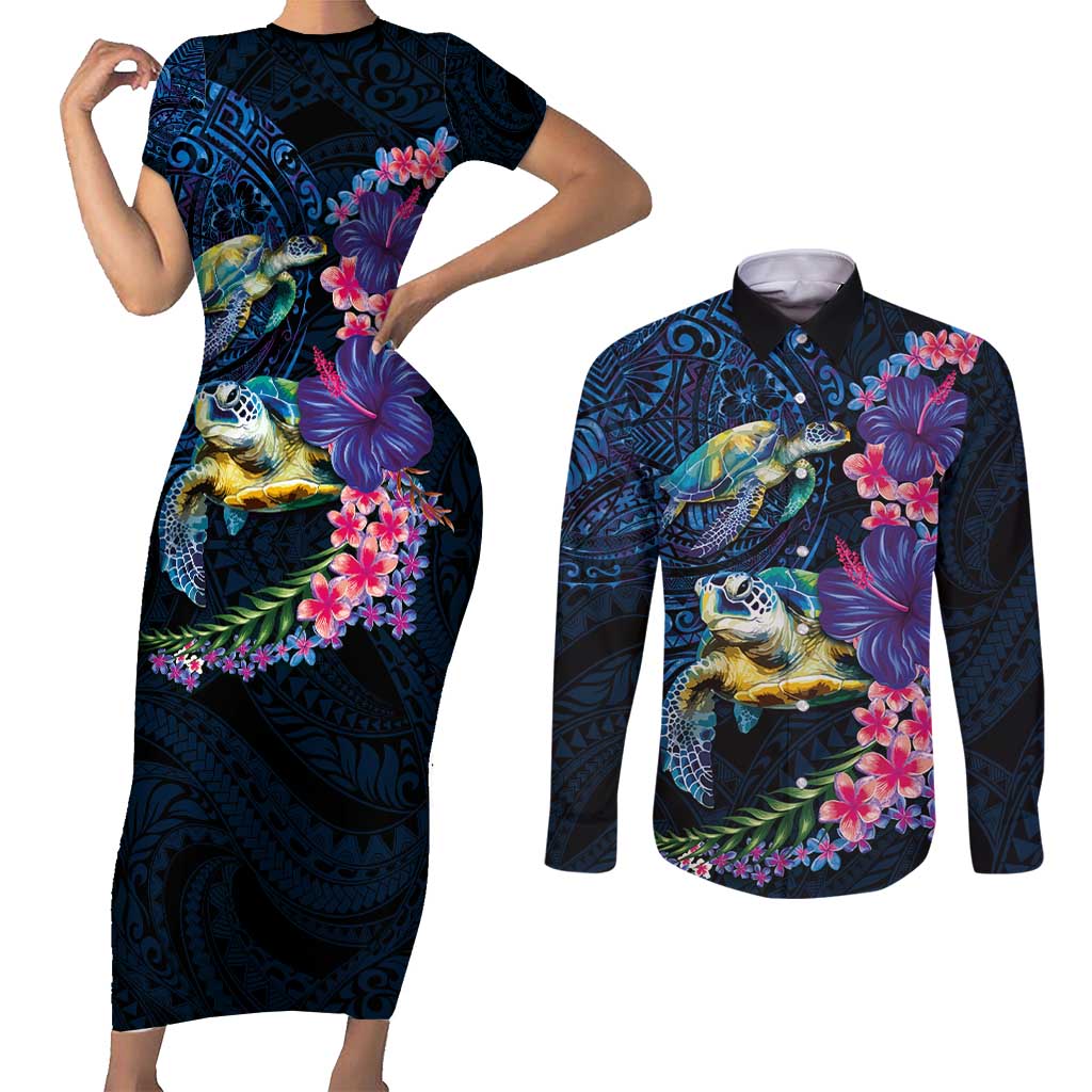 Hawaiian Plumeria and Hibiscus with Turtles Couples Matching Short Sleeve Bodycon Dress and Long Sleeve Button Shirt Polynesian Art Dark Cyan Color - Polynesian Pride