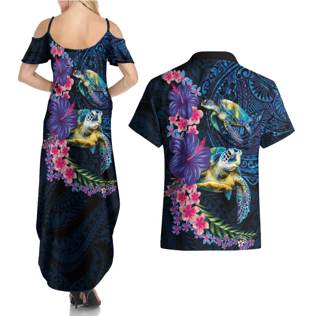 Hawaiian Plumeria and Hibiscus with Turtles Couples Matching Summer Maxi Dress and Hawaiian Shirt Polynesian Art Dark Cyan Color LT03 - Polynesian Pride