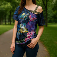 Hawaiian Plumeria and Hibiscus with Turtles Cross Shoulder Shirt Polynesian Art Dark Cyan Color - Polynesian Pride