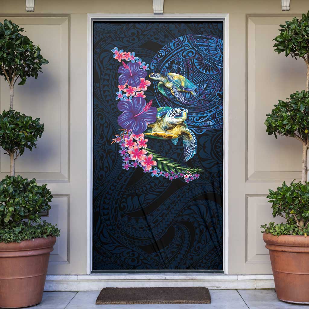 Hawaiian Plumeria and Hibiscus with Turtles Door Cover Polynesian Art Dark Cyan Color - Polynesian Pride