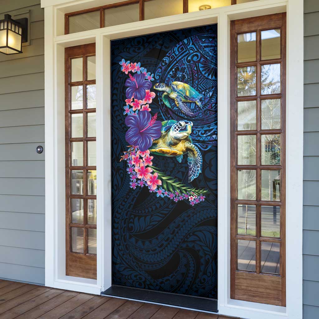 Hawaiian Plumeria and Hibiscus with Turtles Door Cover Polynesian Art Dark Cyan Color - Polynesian Pride