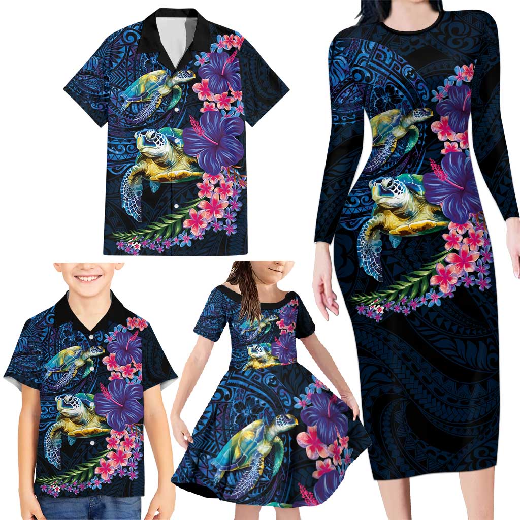 Hawaiian Plumeria and Hibiscus with Turtles Family Matching Long Sleeve Bodycon Dress and Hawaiian Shirt Polynesian Art Dark Cyan Color LT03 - Polynesian Pride