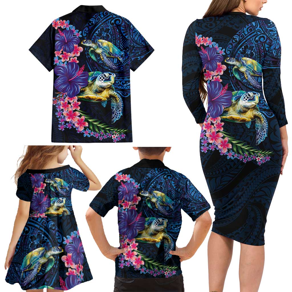 Hawaiian Plumeria and Hibiscus with Turtles Family Matching Long Sleeve Bodycon Dress and Hawaiian Shirt Polynesian Art Dark Cyan Color LT03 - Polynesian Pride