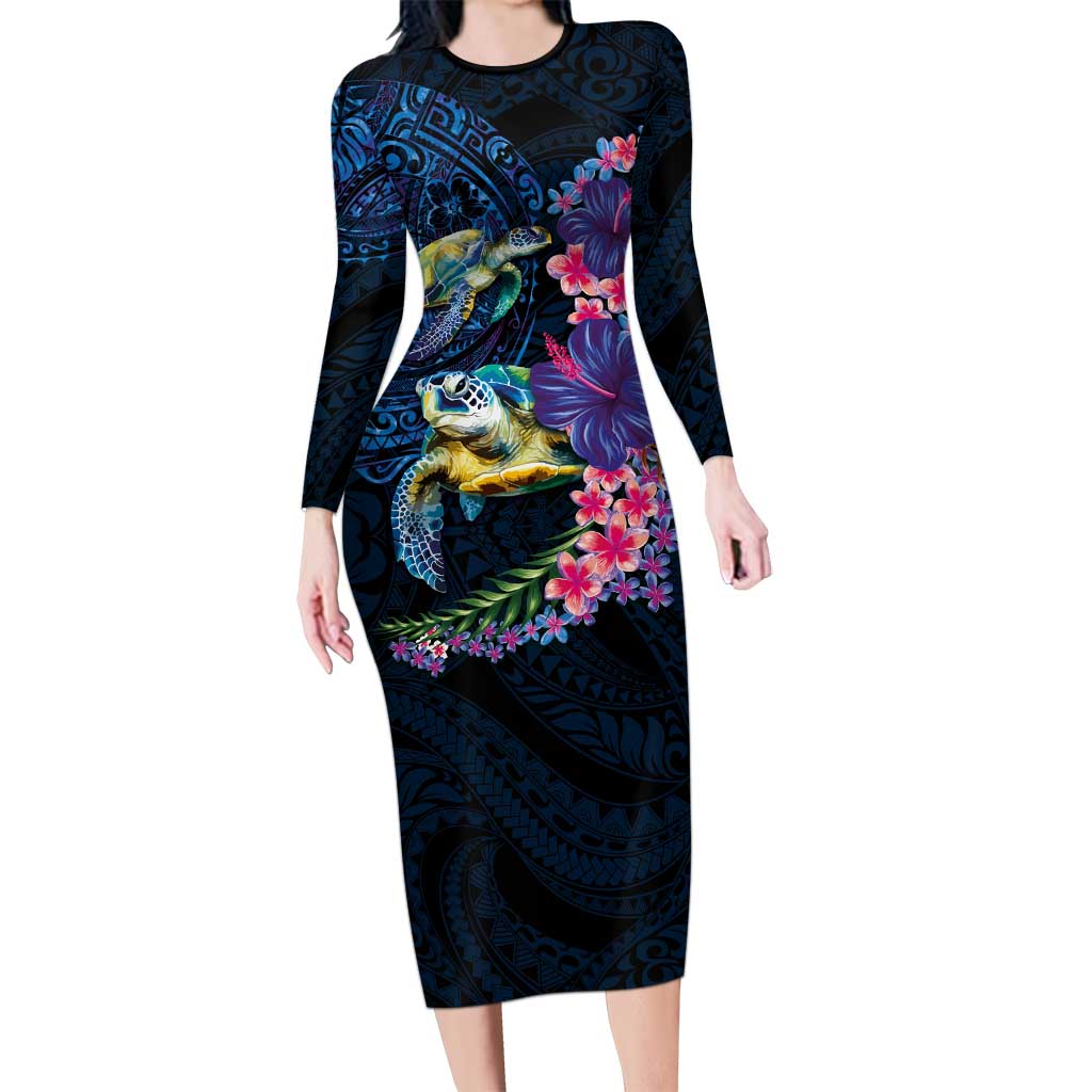 Hawaiian Plumeria and Hibiscus with Turtles Family Matching Long Sleeve Bodycon Dress and Hawaiian Shirt Polynesian Art Dark Cyan Color LT03 Mom's Dress Dark Cyan - Polynesian Pride
