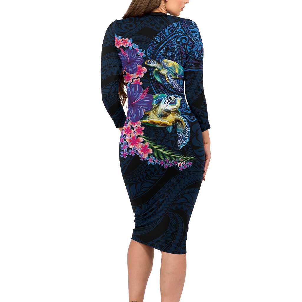 Hawaiian Plumeria and Hibiscus with Turtles Family Matching Long Sleeve Bodycon Dress and Hawaiian Shirt Polynesian Art Dark Cyan Color LT03 - Polynesian Pride