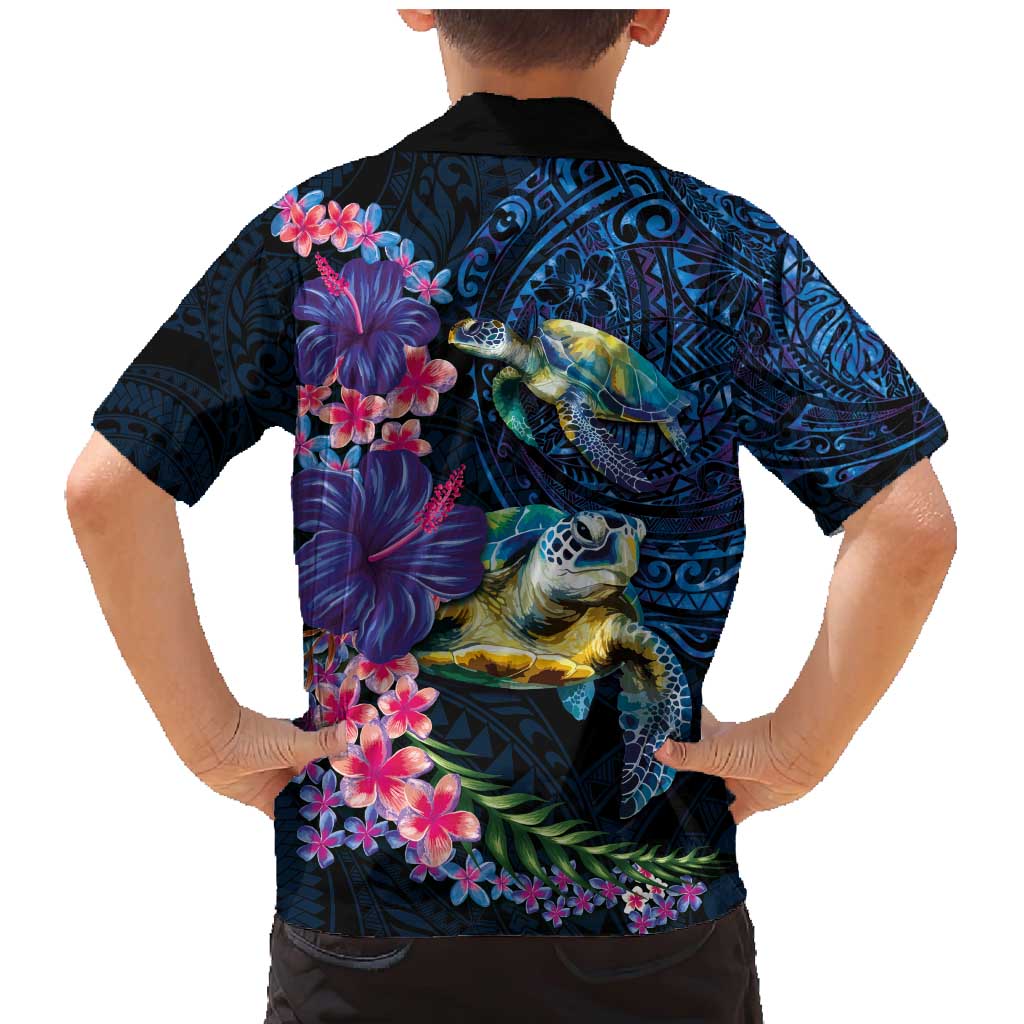 Hawaiian Plumeria and Hibiscus with Turtles Family Matching Mermaid Dress and Hawaiian Shirt Polynesian Art Dark Cyan Color LT03 - Polynesian Pride