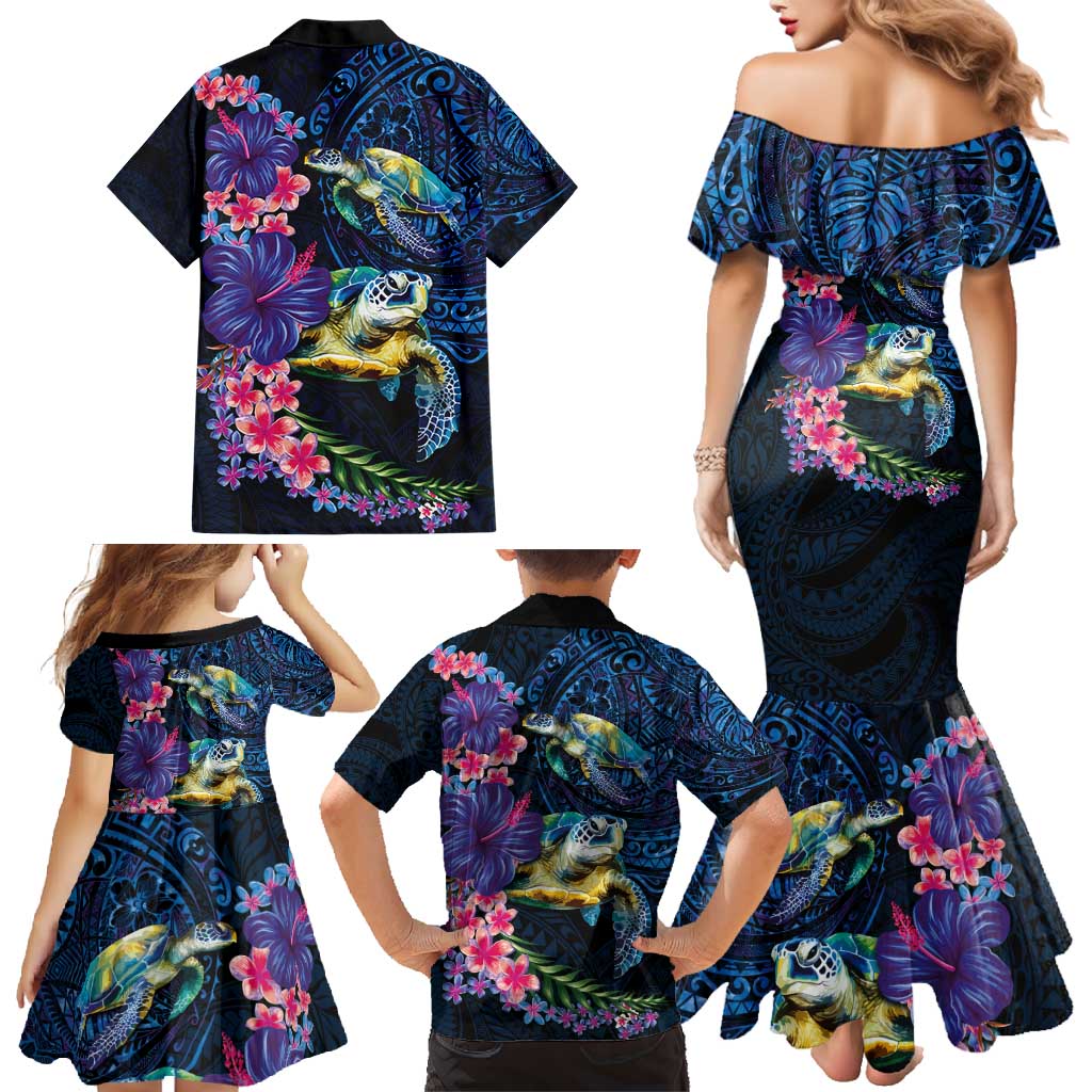 Hawaiian Plumeria and Hibiscus with Turtles Family Matching Mermaid Dress and Hawaiian Shirt Polynesian Art Dark Cyan Color LT03 - Polynesian Pride
