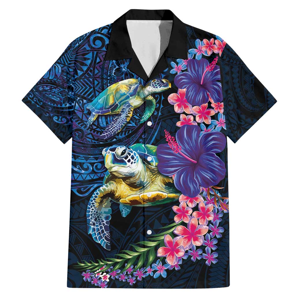 Hawaiian Plumeria and Hibiscus with Turtles Family Matching Mermaid Dress and Hawaiian Shirt Polynesian Art Dark Cyan Color LT03 Dad's Shirt - Short Sleeve Dark Cyan - Polynesian Pride
