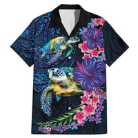 Hawaiian Plumeria and Hibiscus with Turtles Family Matching Mermaid Dress and Hawaiian Shirt Polynesian Art Dark Cyan Color LT03 Dad's Shirt - Short Sleeve Dark Cyan - Polynesian Pride
