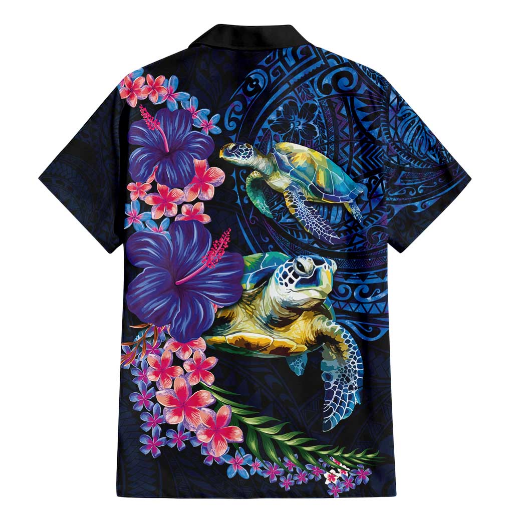 Hawaiian Plumeria and Hibiscus with Turtles Family Matching Mermaid Dress and Hawaiian Shirt Polynesian Art Dark Cyan Color LT03 - Polynesian Pride