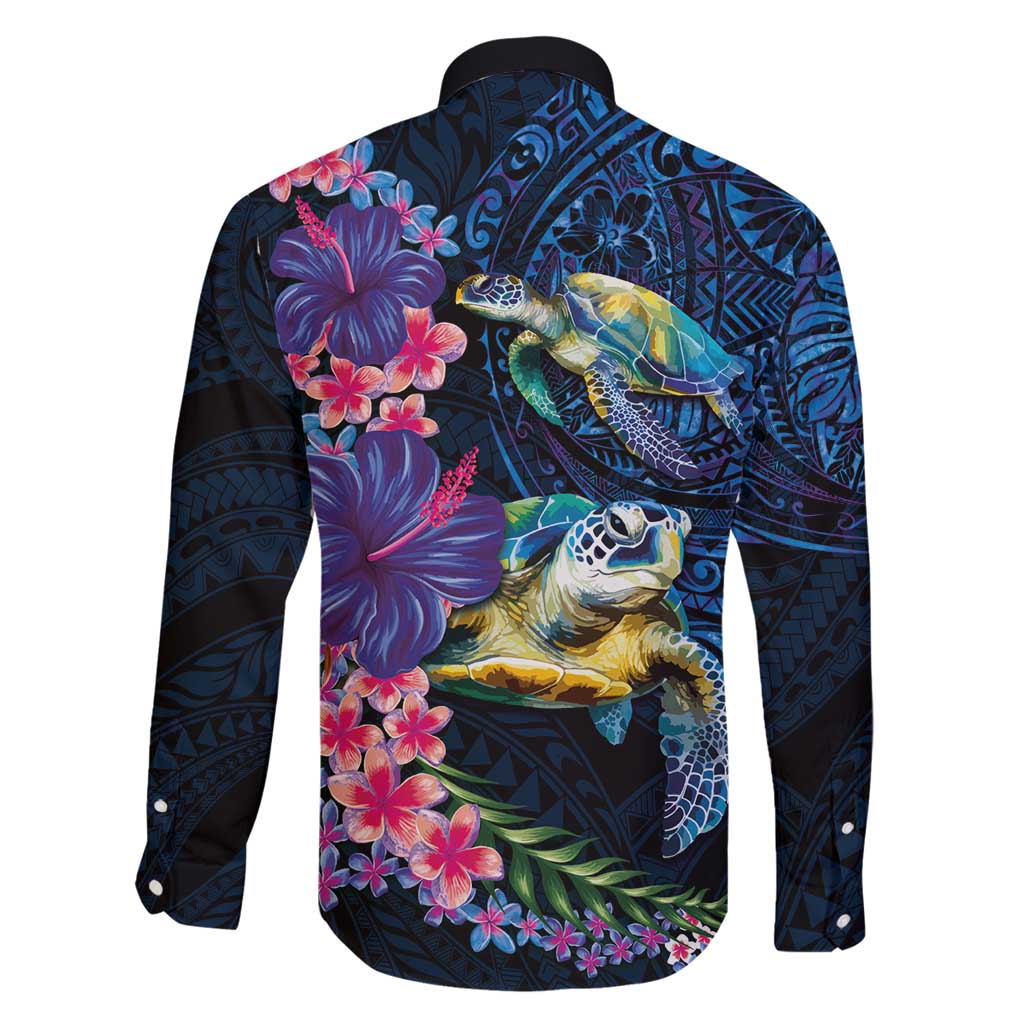Hawaiian Plumeria and Hibiscus with Turtles Family Matching Mermaid Dress and Hawaiian Shirt Polynesian Art Dark Cyan Color LT03 - Polynesian Pride