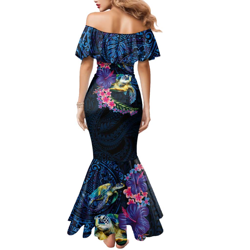 Hawaiian Plumeria and Hibiscus with Turtles Family Matching Mermaid Dress and Hawaiian Shirt Polynesian Art Dark Cyan Color LT03 - Polynesian Pride