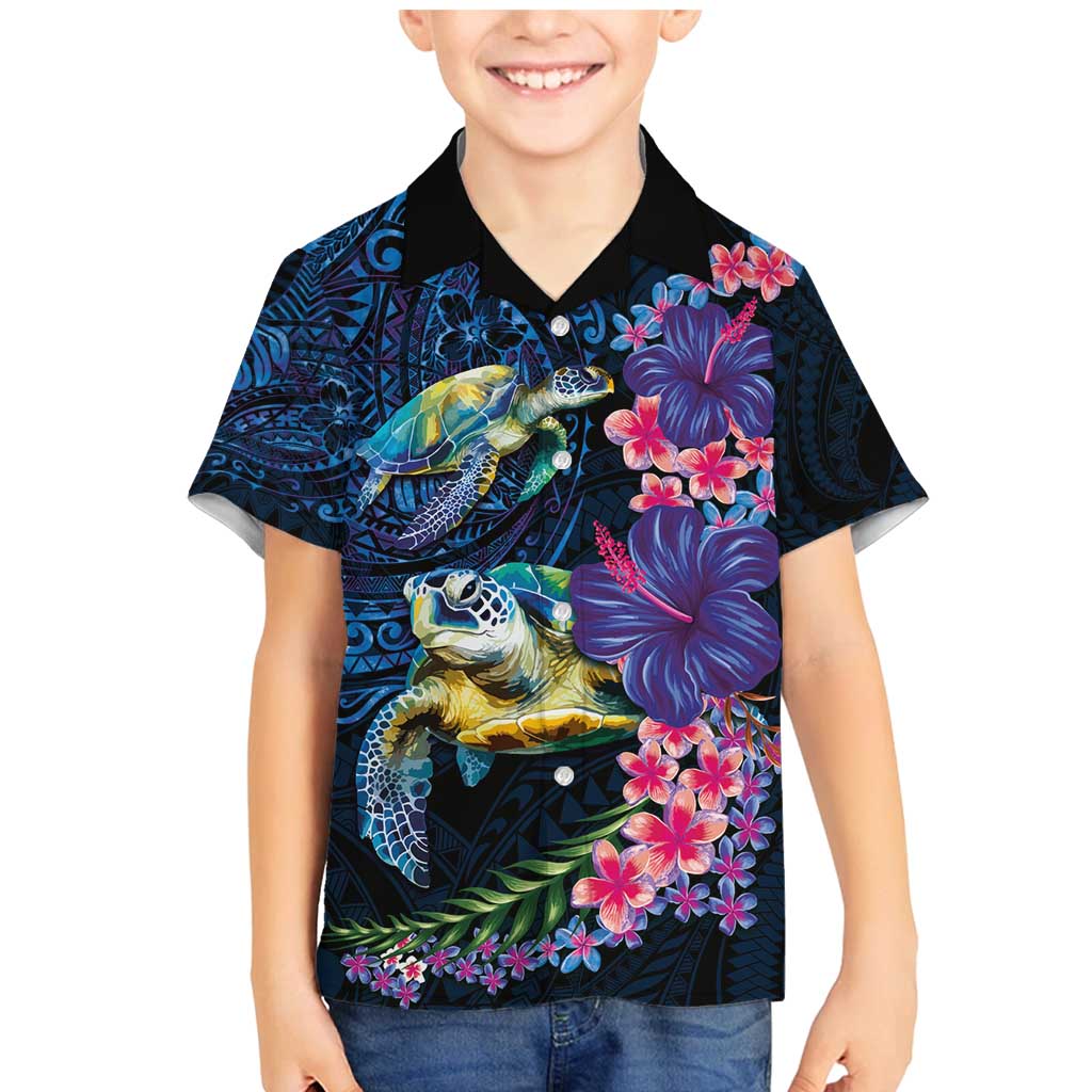 Hawaiian Plumeria and Hibiscus with Turtles Family Matching Mermaid Dress and Hawaiian Shirt Polynesian Art Dark Cyan Color LT03 Son's Shirt Dark Cyan - Polynesian Pride