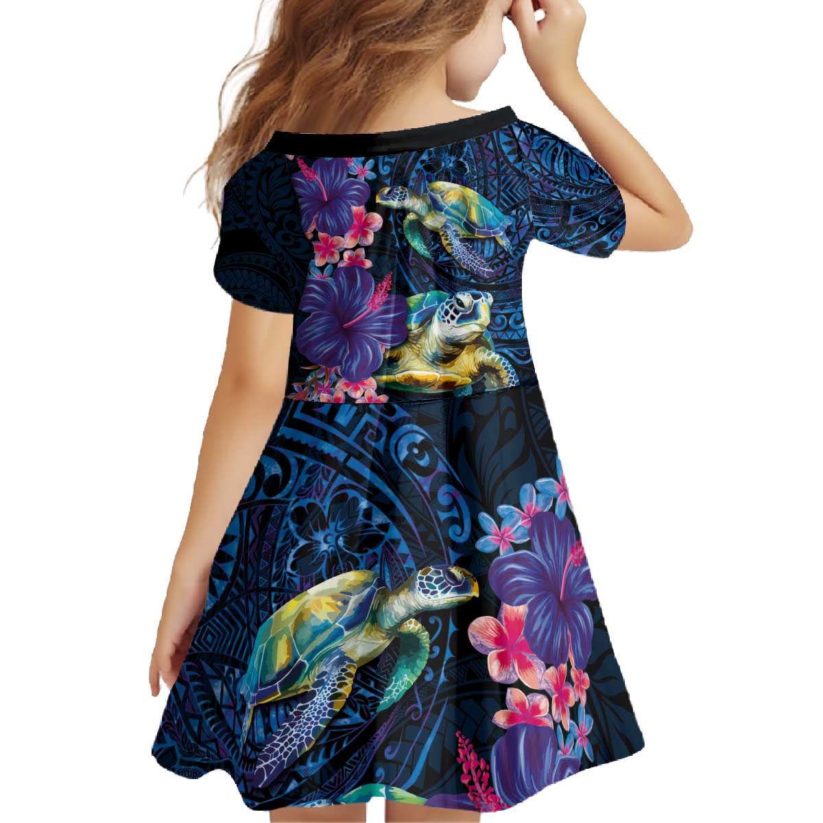 Hawaiian Plumeria and Hibiscus with Turtles Family Matching Off The Shoulder Long Sleeve Dress and Hawaiian Shirt Polynesian Art Dark Cyan Color LT03 - Polynesian Pride