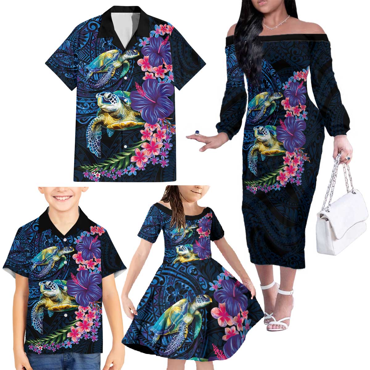Hawaiian Plumeria and Hibiscus with Turtles Family Matching Off The Shoulder Long Sleeve Dress and Hawaiian Shirt Polynesian Art Dark Cyan Color LT03 - Polynesian Pride