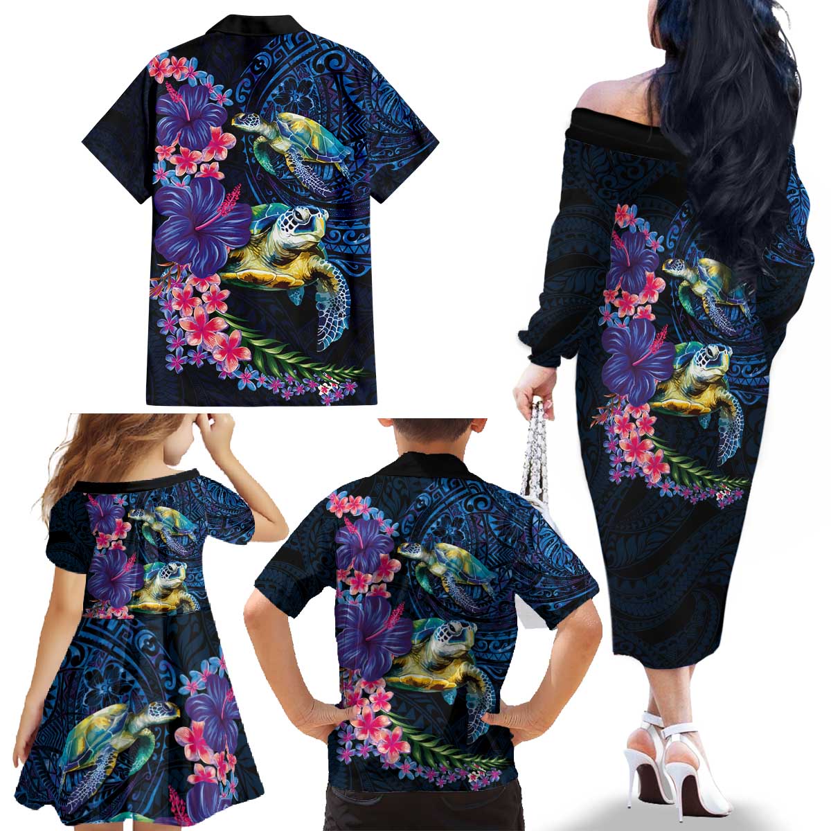 Hawaiian Plumeria and Hibiscus with Turtles Family Matching Off The Shoulder Long Sleeve Dress and Hawaiian Shirt Polynesian Art Dark Cyan Color LT03 - Polynesian Pride