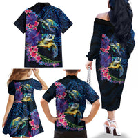 Hawaiian Plumeria and Hibiscus with Turtles Family Matching Off The Shoulder Long Sleeve Dress and Hawaiian Shirt Polynesian Art Dark Cyan Color LT03 - Polynesian Pride