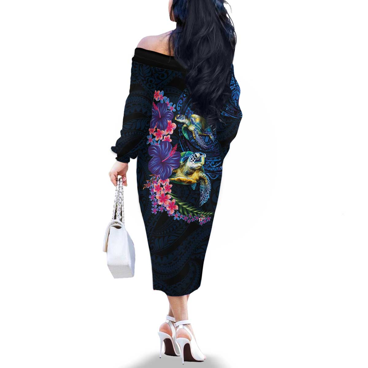 Hawaiian Plumeria and Hibiscus with Turtles Family Matching Off The Shoulder Long Sleeve Dress and Hawaiian Shirt Polynesian Art Dark Cyan Color LT03 - Polynesian Pride