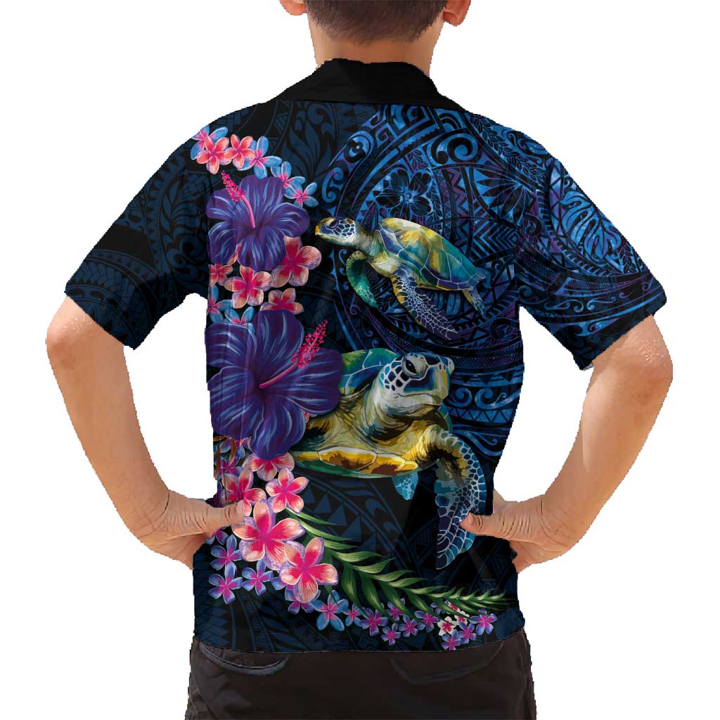 Hawaiian Plumeria and Hibiscus with Turtles Family Matching Off Shoulder Maxi Dress and Hawaiian Shirt Polynesian Art Dark Cyan Color LT03 - Polynesian Pride