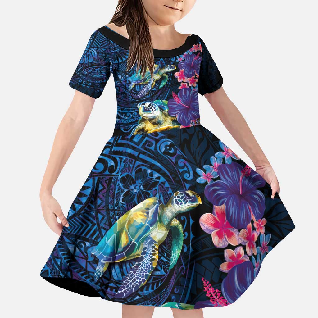 Hawaiian Plumeria and Hibiscus with Turtles Family Matching Off Shoulder Maxi Dress and Hawaiian Shirt Polynesian Art Dark Cyan Color LT03 Daughter's Dress Dark Cyan - Polynesian Pride