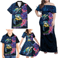 Hawaiian Plumeria and Hibiscus with Turtles Family Matching Off Shoulder Maxi Dress and Hawaiian Shirt Polynesian Art Dark Cyan Color LT03 - Polynesian Pride