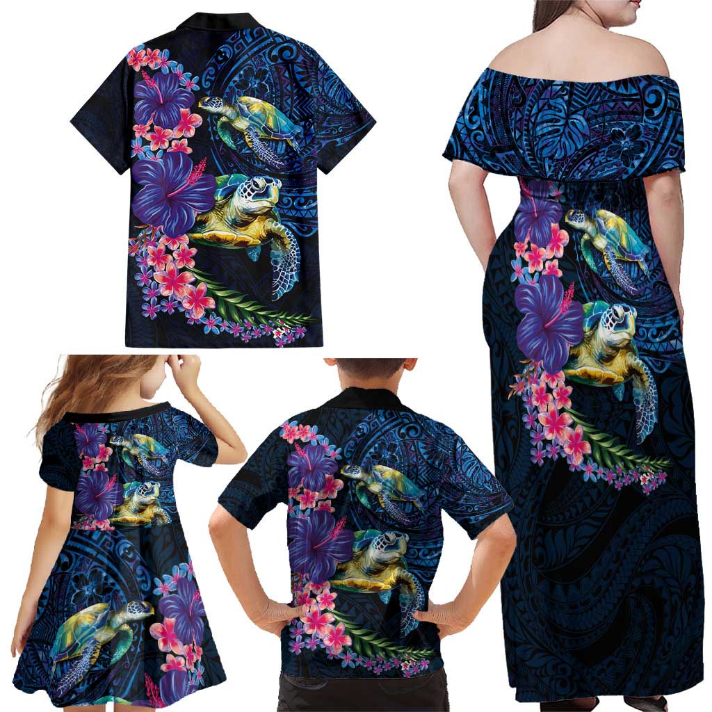 Hawaiian Plumeria and Hibiscus with Turtles Family Matching Off Shoulder Maxi Dress and Hawaiian Shirt Polynesian Art Dark Cyan Color LT03 - Polynesian Pride