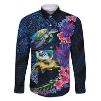 Hawaiian Plumeria and Hibiscus with Turtles Family Matching Off Shoulder Maxi Dress and Hawaiian Shirt Polynesian Art Dark Cyan Color LT03 Dad's Shirt - Long Sleeve Dark Cyan - Polynesian Pride